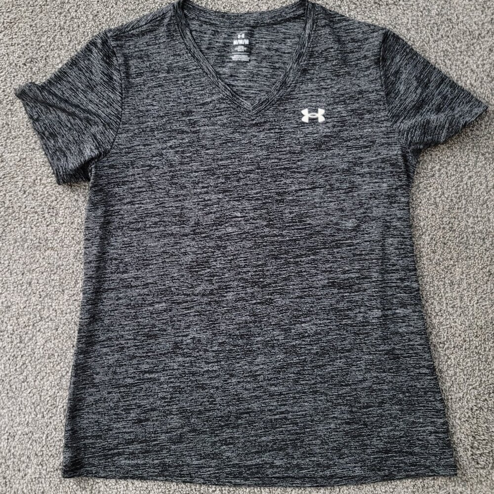 Ladies Under Armour Loose Black & Grey Variegated V-neck  T-shirt  Medium
